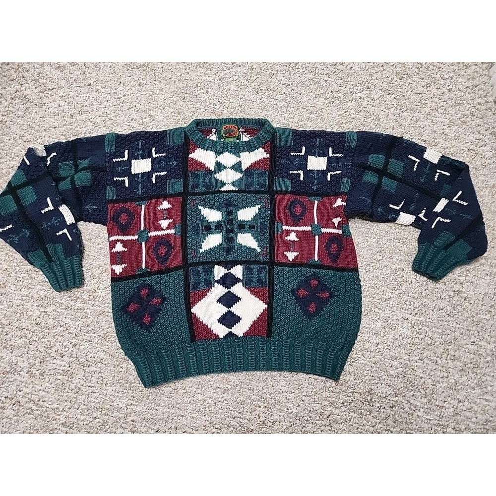 Boston Traders Chunky‎ Cotton Men's Sweater Large Vtg Geometric Print Grandpa